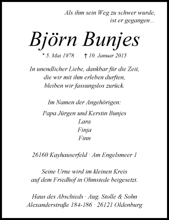 Traueranzeige von Björn Bunjes von Nordwest-Zeitung