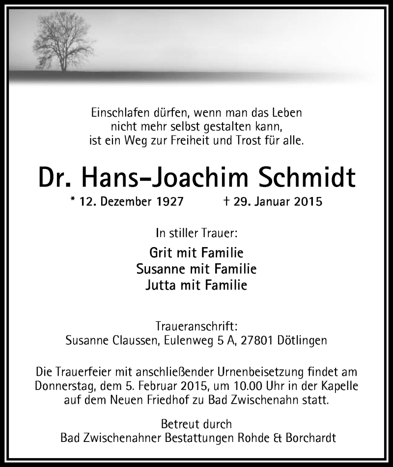  Traueranzeige für Dr. Hans-Joachim Schmidt vom 03.02.2015 aus Nordwest-Zeitung