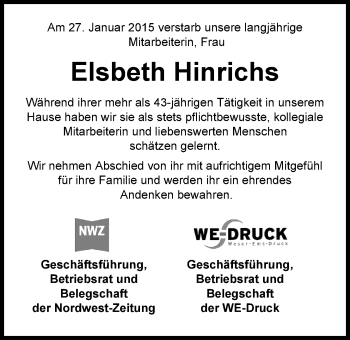 Traueranzeige von Elsbeth Hinrichs von Nordwest-Zeitung