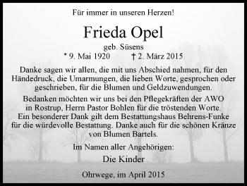Traueranzeige von Frieda Opel von Nordwest-Zeitung