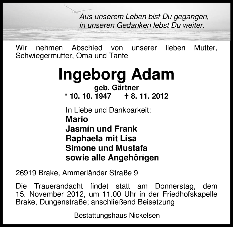  Traueranzeige für Ingeborg Adam vom 10.11.2012 aus Nordwest-Zeitung