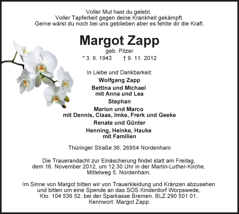  Traueranzeige für Margot Zapp vom 13.11.2012 aus Nordwest-Zeitung