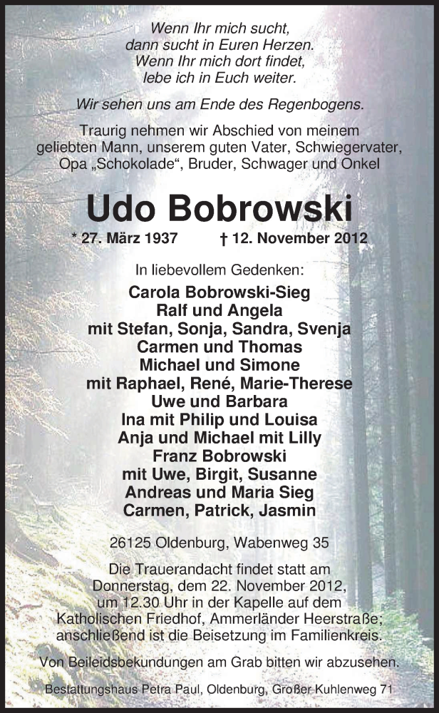  Traueranzeige für Udo Bobrowski vom 15.11.2012 aus Nordwest-Zeitung