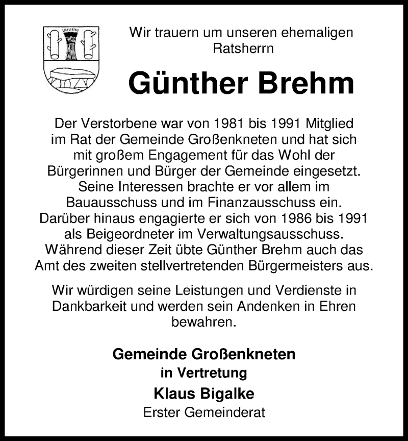  Traueranzeige für Günther Brehm vom 16.11.2012 aus Nordwest-Zeitung