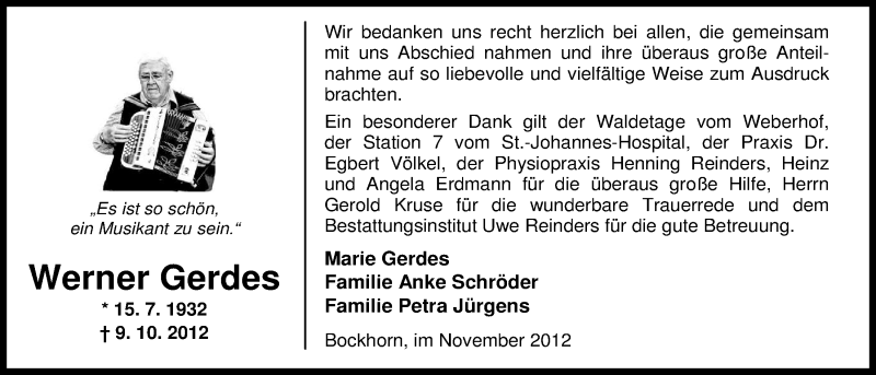  Traueranzeige für Werner Gerdes vom 17.11.2012 aus Nordwest-Zeitung