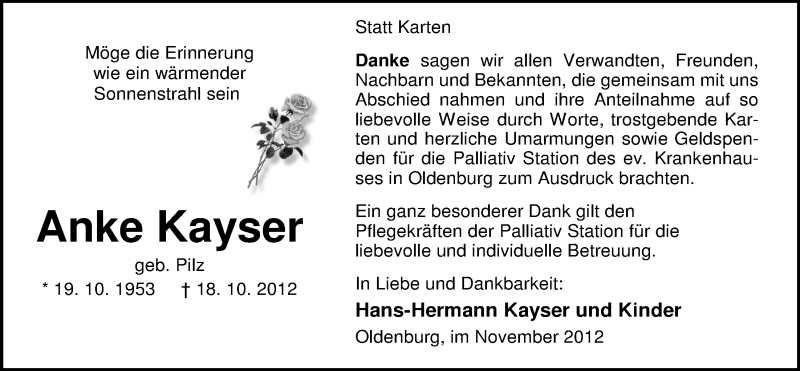  Traueranzeige für Anke Kayser vom 24.11.2012 aus Nordwest-Zeitung