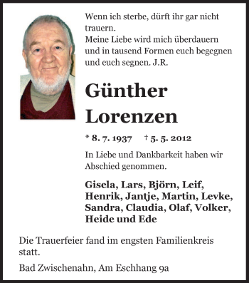 Traueranzeige von Günther Lorenzen von Nordwest-Zeitung