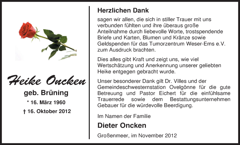  Traueranzeige für Heike Oncken vom 24.11.2012 aus Nordwest-Zeitung