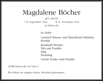 Traueranzeige von Magdalene Böcher von Nordwest-Zeitung