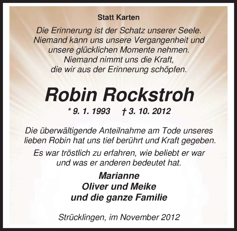  Traueranzeige für Robin Rockstroh vom 24.11.2012 aus Nordwest-Zeitung
