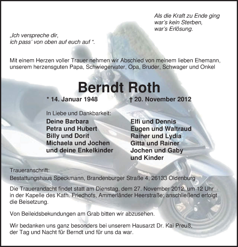  Traueranzeige für Berndt Roth vom 24.11.2012 aus Nordwest-Zeitung