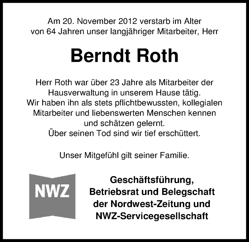  Traueranzeige für Berndt Roth vom 24.11.2012 aus Nordwest-Zeitung