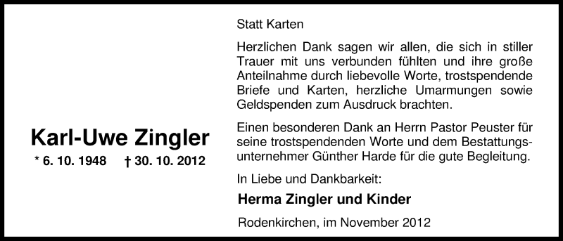  Traueranzeige für Karl-Uwe Zingler vom 30.11.2012 aus Nordwest-Zeitung