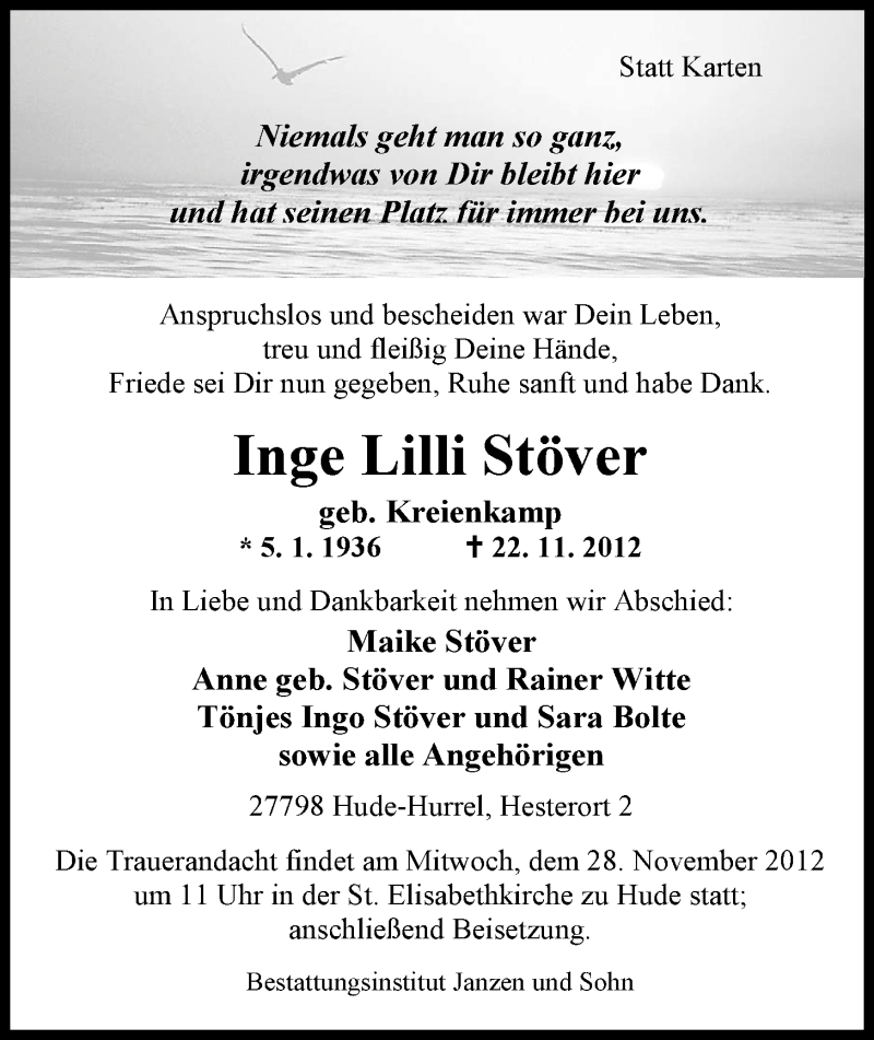  Traueranzeige für Inge Stöver vom 24.11.2012 aus Nordwest-Zeitung