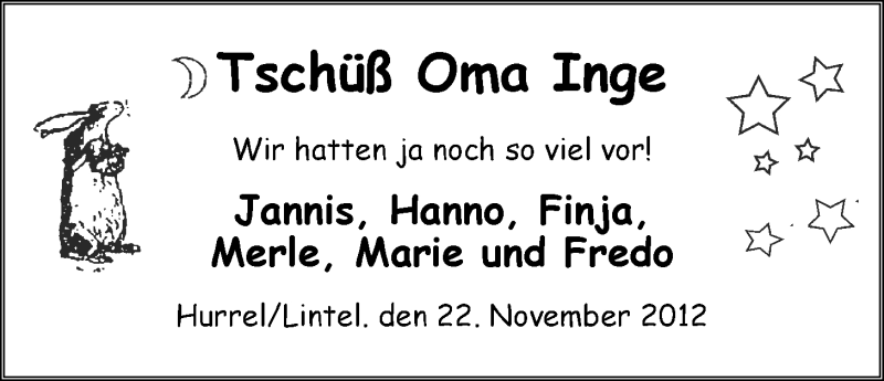  Traueranzeige für Inge Stöver vom 24.11.2012 aus Nordwest-Zeitung