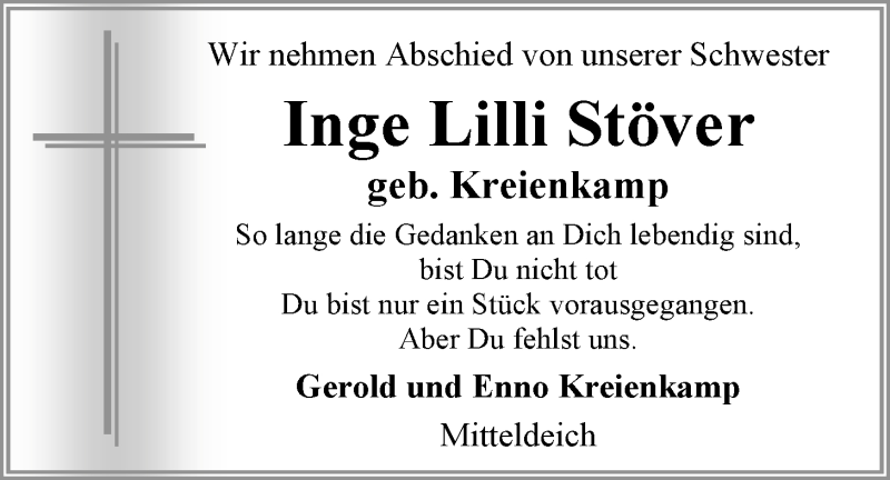  Traueranzeige für Inge Stöver vom 24.11.2012 aus Nordwest-Zeitung