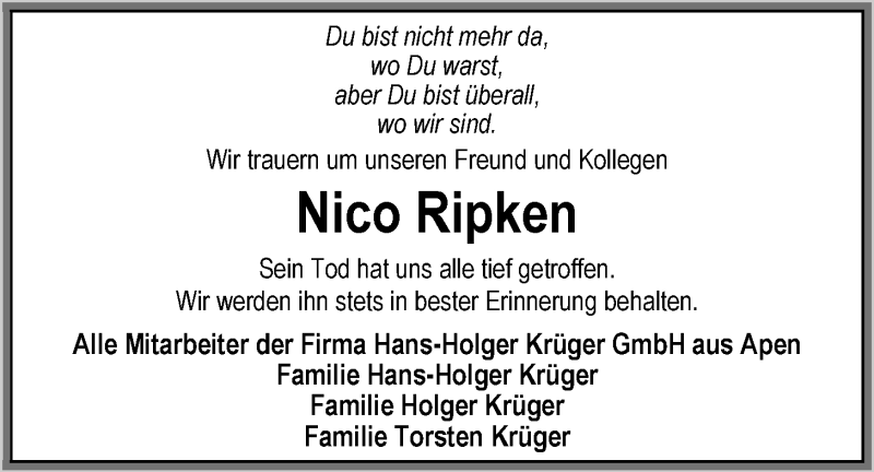  Traueranzeige für Nico Ripken vom 26.11.2012 aus Nordwest-Zeitung