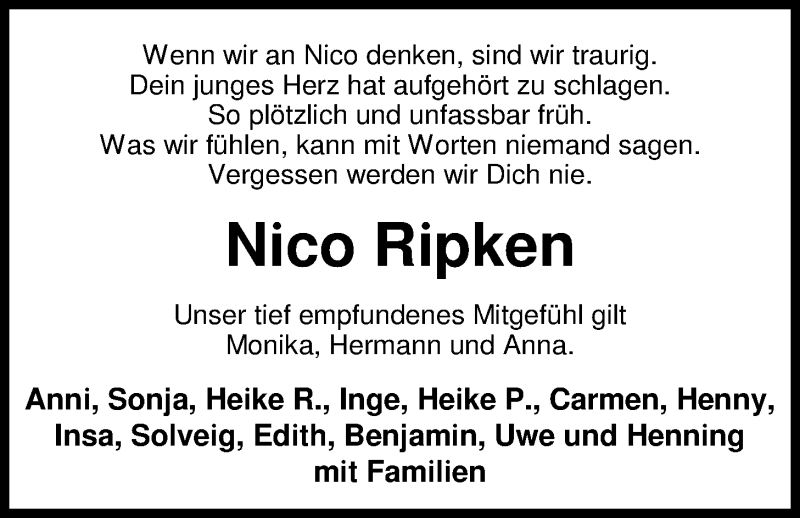  Traueranzeige für Nico Ripken vom 26.11.2012 aus Nordwest-Zeitung