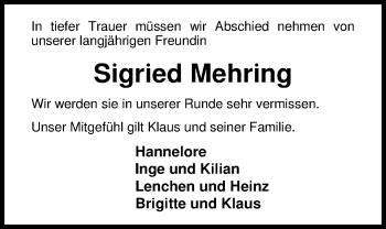 Traueranzeige von Sigried Mehring von Nordwest-Zeitung