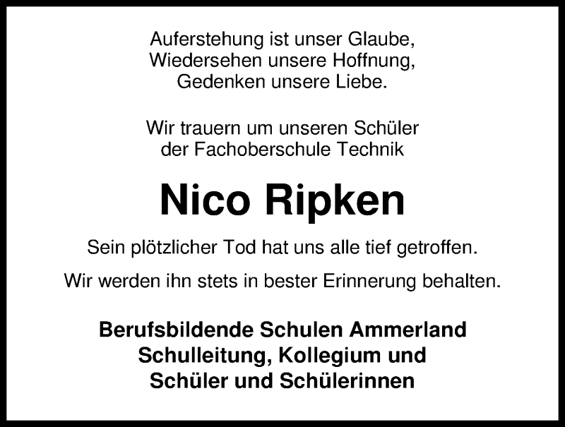  Traueranzeige für Nico Ripken vom 27.11.2012 aus Nordwest-Zeitung