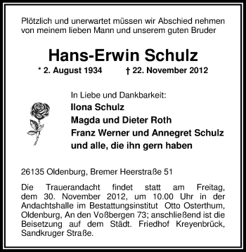 Traueranzeige von Hans Erwin Schulz von Nordwest-Zeitung