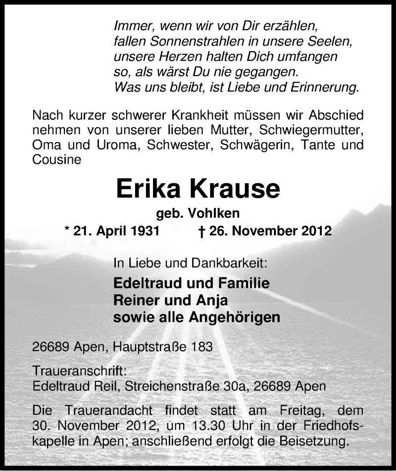  Traueranzeige für Erika Krause vom 28.11.2012 aus Nordwest-Zeitung