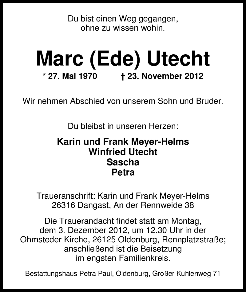  Traueranzeige für Marc Utecht vom 29.11.2012 aus Nordwest-Zeitung