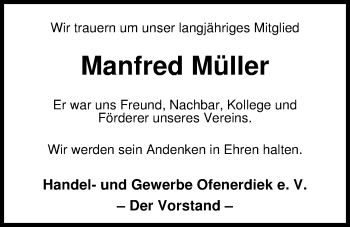 Traueranzeige von Manfred Müller von Nordwest-Zeitung