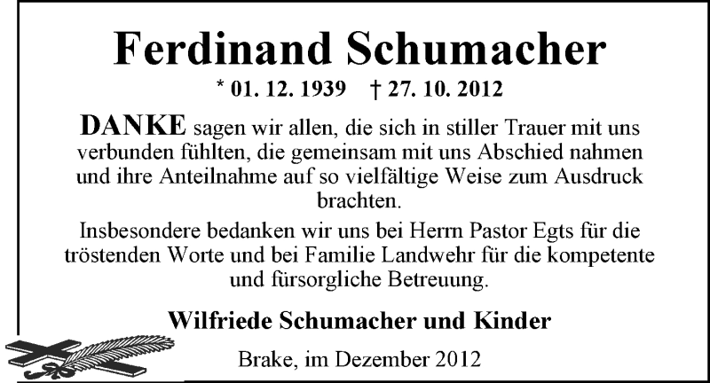  Traueranzeige für Ferdinand Schumacher vom 01.12.2012 aus Nordwest-Zeitung