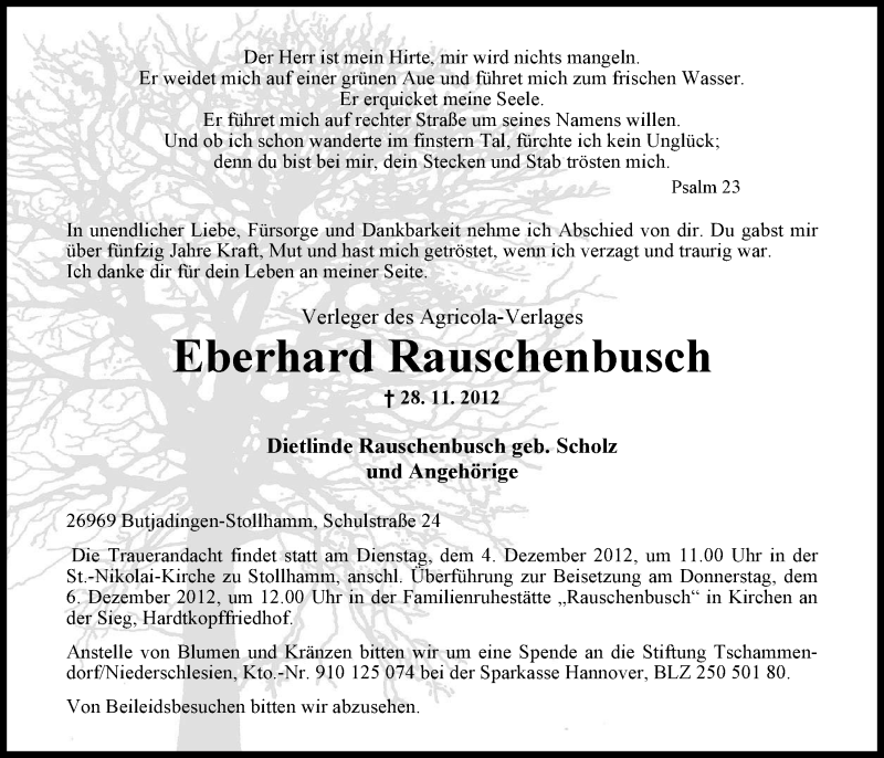  Traueranzeige für Eberhard Rauschenbusch vom 30.11.2012 aus Nordwest-Zeitung