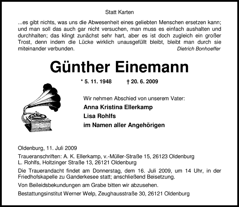  Traueranzeige für Günther Einemann vom 11.07.2009 aus Nordwest-Zeitung