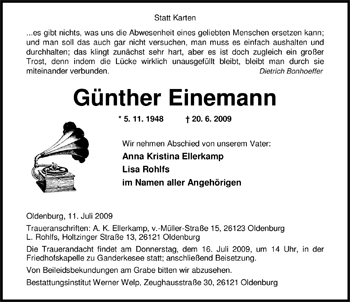 Traueranzeige von Günther Einemann von Nordwest-Zeitung