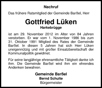 Traueranzeige von Gottfried Lüken von Nordwest-Zeitung