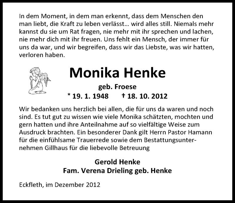  Traueranzeige für Monika Henke vom 01.12.2012 aus Nordwest-Zeitung