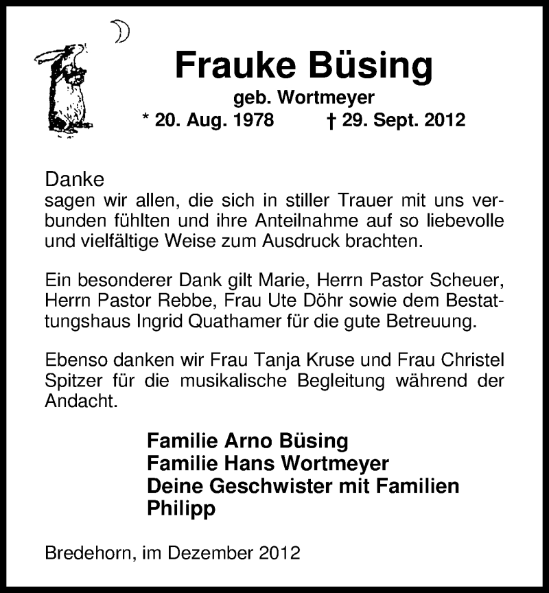  Traueranzeige für Frauke Büsing vom 08.12.2012 aus Nordwest-Zeitung