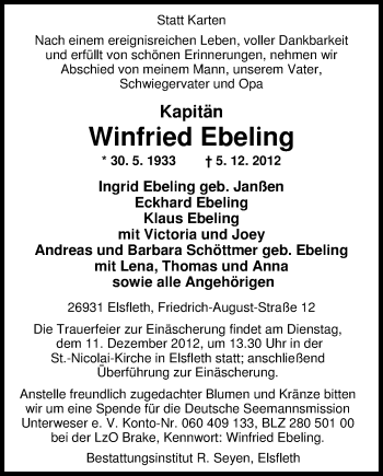 Traueranzeige von Winfried Ebeling von Nordwest-Zeitung