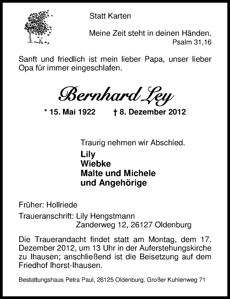  Traueranzeige für Bernhard Ley vom 11.12.2012 aus Nordwest-Zeitung