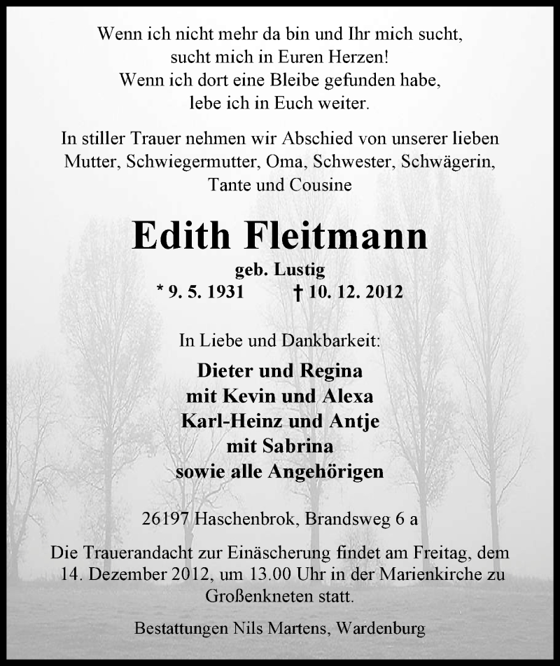  Traueranzeige für Edith Fleitmann vom 12.12.2012 aus Nordwest-Zeitung