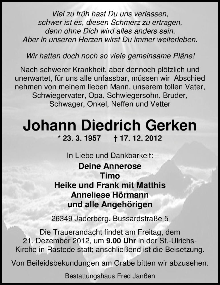  Traueranzeige für Johann Diedrich Gerken vom 19.12.2012 aus Nordwest-Zeitung