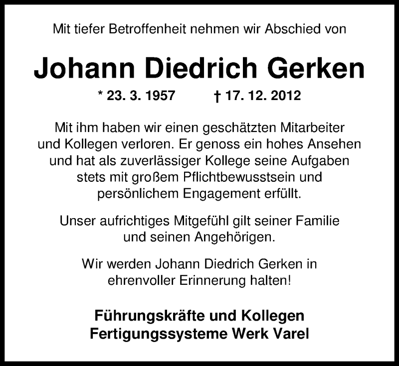  Traueranzeige für Johann Diedrich Gerken vom 20.12.2012 aus Nordwest-Zeitung