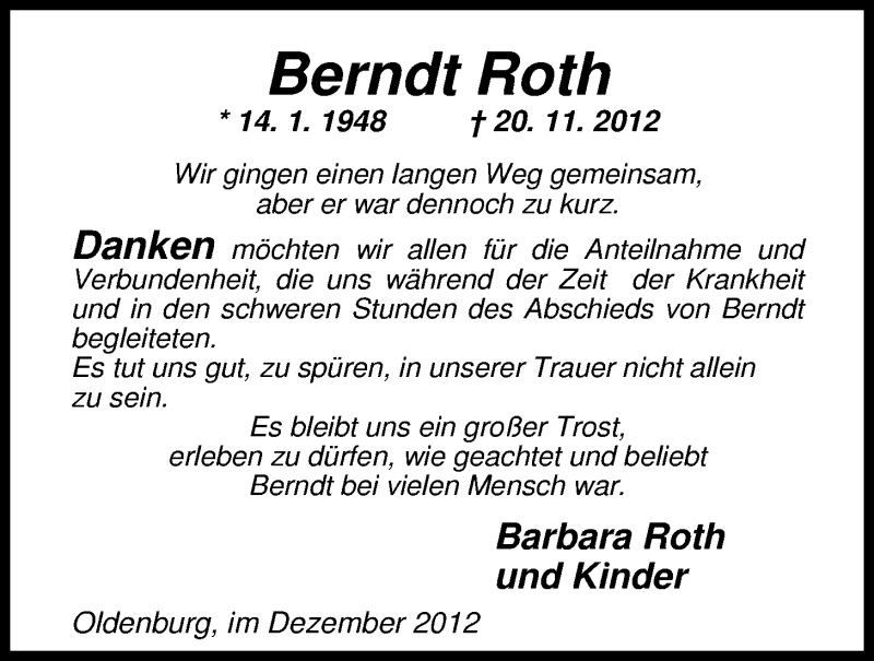  Traueranzeige für Berndt Roth vom 29.12.2012 aus Nordwest-Zeitung
