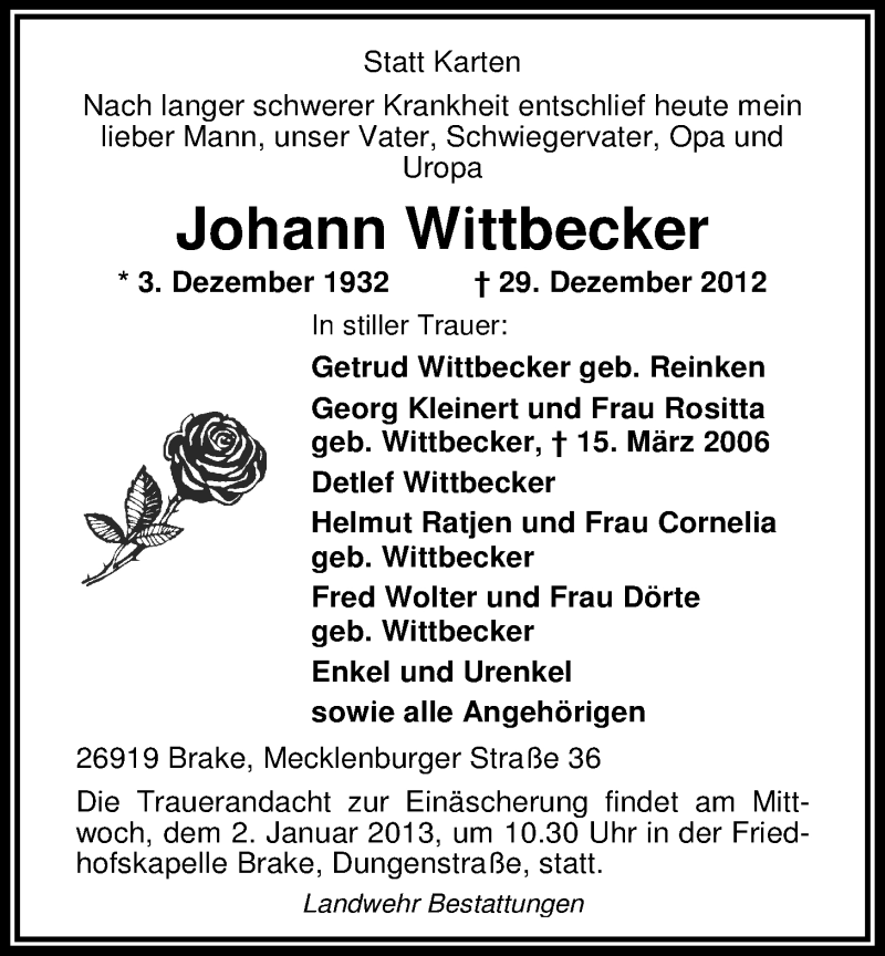  Traueranzeige für Johann Wittbecker vom 31.12.2012 aus Nordwest-Zeitung