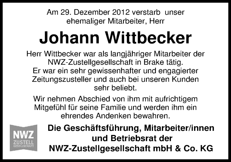  Traueranzeige für Johann Wittbecker vom 02.01.2013 aus Nordwest-Zeitung