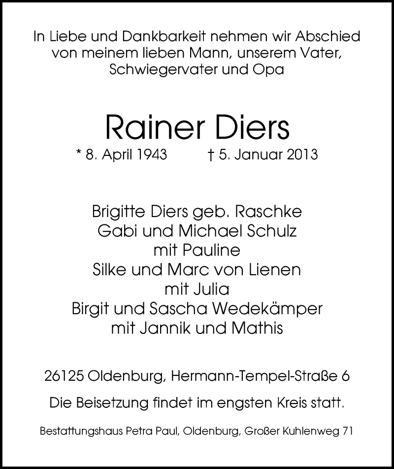  Traueranzeige für Rainer Diers vom 08.01.2013 aus Nordwest-Zeitung
