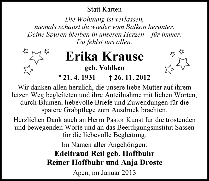  Traueranzeige für Erika Krause vom 18.01.2013 aus Nordwest-Zeitung