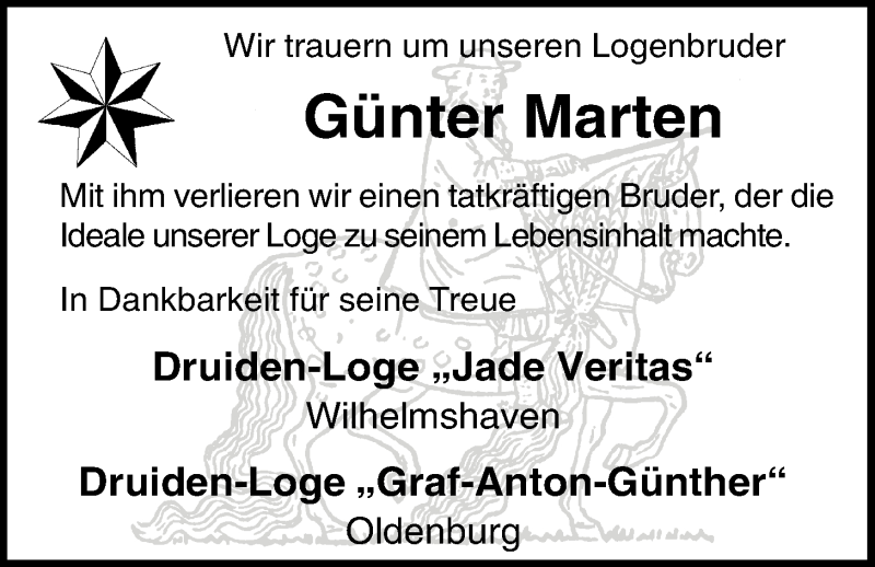  Traueranzeige für Günter Marten vom 19.01.2013 aus Nordwest-Zeitung