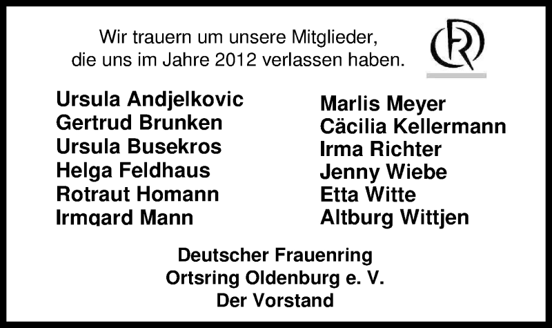  Traueranzeige für Deutscher Frauenring Ortsring Oldenburg e. V. trauert um vom 26.01.2013 aus Nordwest-Zeitung