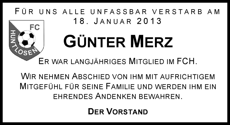  Traueranzeige für Günter Merz vom 22.01.2013 aus Nordwest-Zeitung