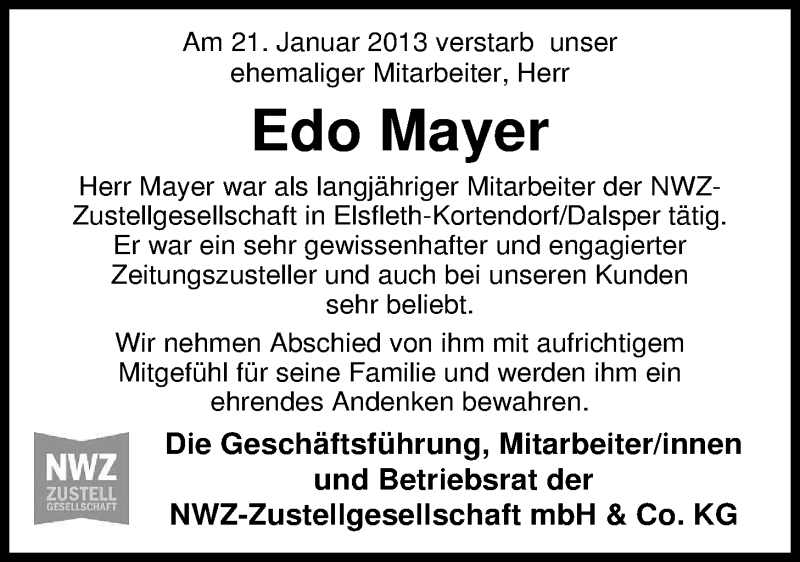  Traueranzeige für Edo Mayer vom 23.01.2013 aus Nordwest-Zeitung