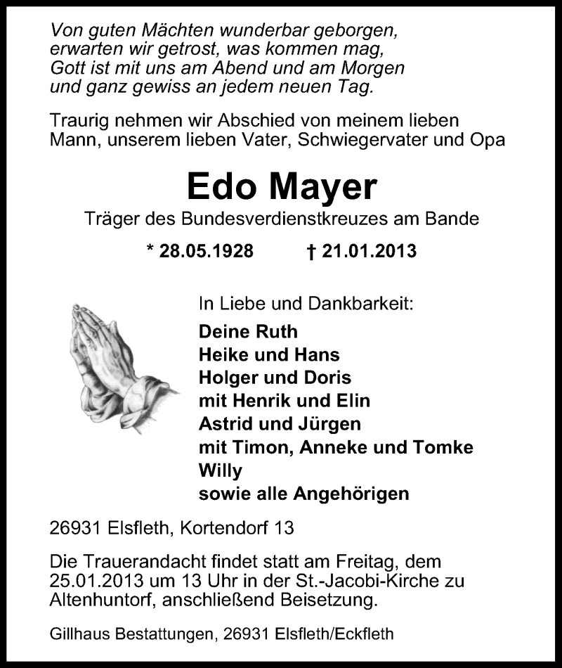  Traueranzeige für Edo Mayer vom 23.01.2013 aus Nordwest-Zeitung